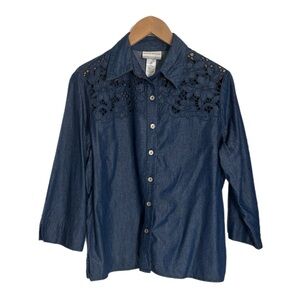 Alfred Dunner floral cut out detail chambray button up blouse